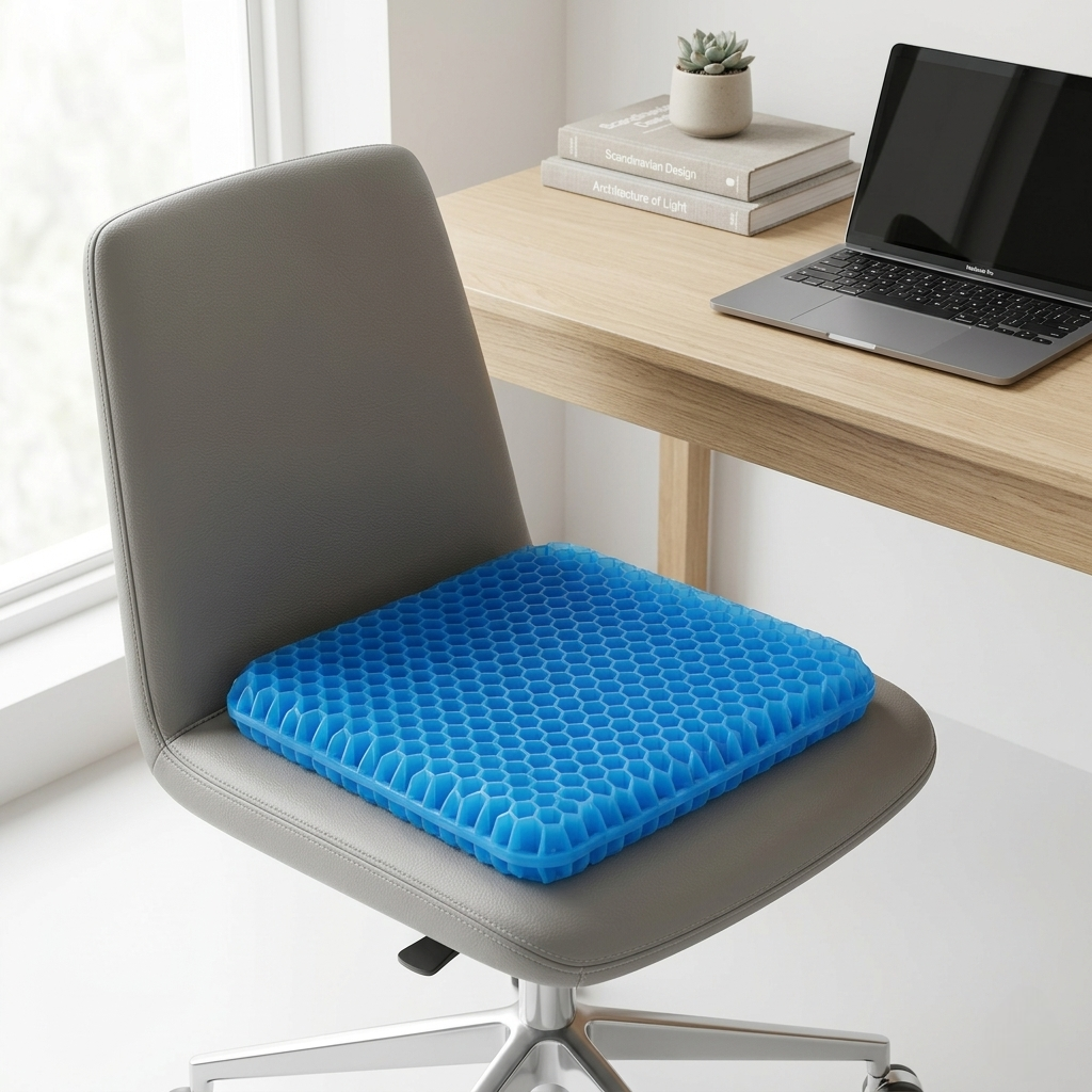 Coussin d'assise ergonomique en gel bleu avec structure en alvéoles d'abeille, posé sur une chaise de bureau grise devant un bureau en bois.