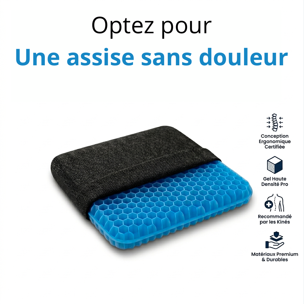 Coussin d'assise ergonomique en gel bleu alvéolé pour soulager les douleurs de dos